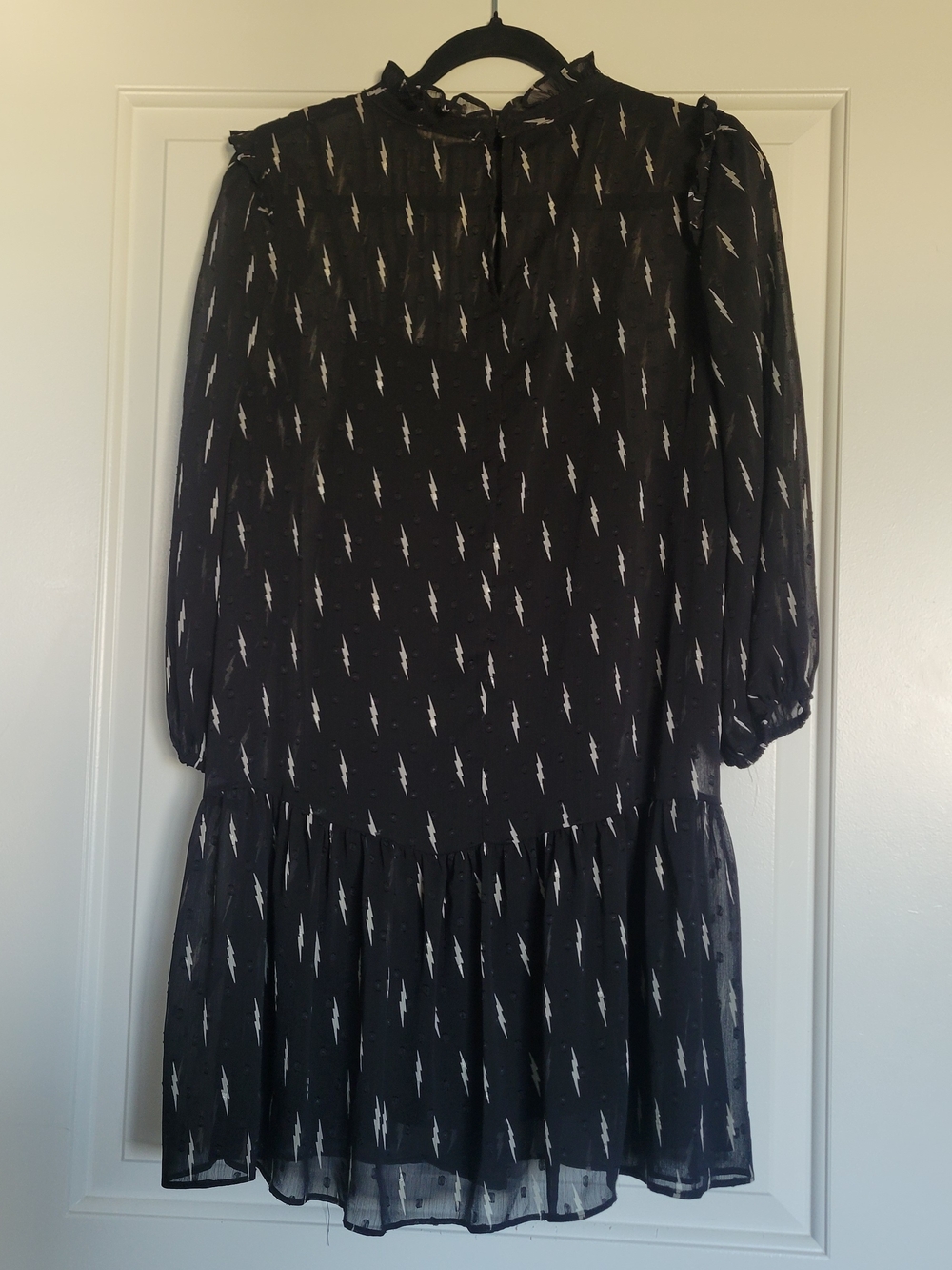 eesome Black Lightning-Print Long Sleeve Ruffled Dark Academia Dress High Neck